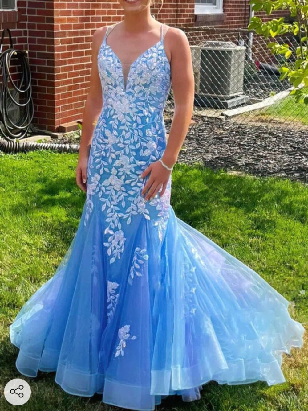 Amarra Mermaid V Neck Tule Sweep Train Prom Dress with Applique
